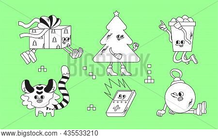 Sticker Pack Of Funny Christmas Theme Characters. Comic Christmas Tree, Cocoa Paper Cup, Present Or 