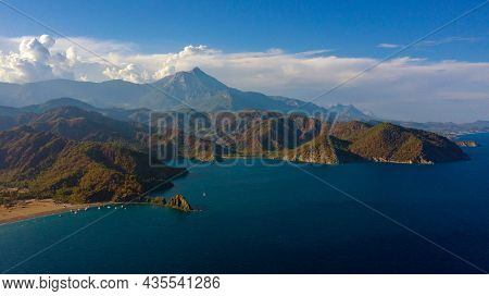 Long Beach Coast, Dark Teal Sea And Bay In Adrasan Village Mediterranean Coast, Great Place For Holi