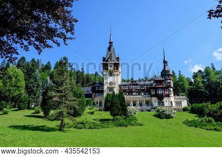 Beautiful Neo-renaissance Building Of Peles Castle (castelul Peles) Near Bucegi Mountains (muntii Bu
