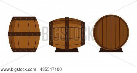 Set Of Different Barrels Isolated On White Background. A Wooden Barrels For Storing Alcoholic Bevera
