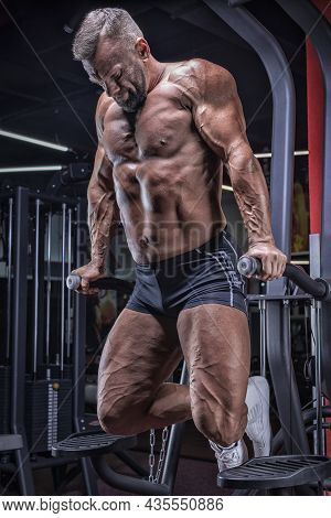 Image Of A Powerful Athlete Doing Push-ups On The Uneven Bars In The Gym. Fitness And Bodybuilding C