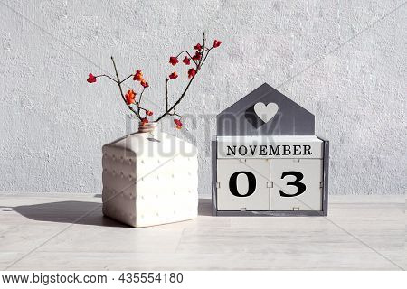 Calendar For November 3: The Name Of The Month In English, The Numbers 03 On Cubes, A Branch With Re