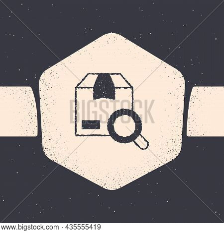 Grunge Search Package Icon Isolated On Grey Background. Parcel Tracking Symbol. Magnifying Glass And