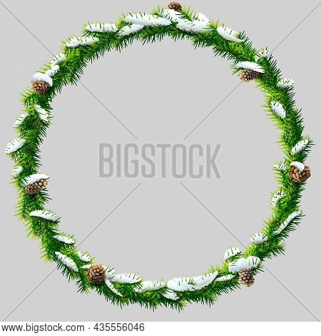 Thin Christmas Wreath With Pinecones And Snow. Round Frame Of Pine Branches Isolated On Gray Backgro