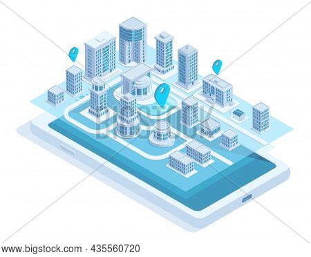 Isometric City Map Mobile Navigation On Smartphone Screen. Modern Smart City Navigation Mobile App V