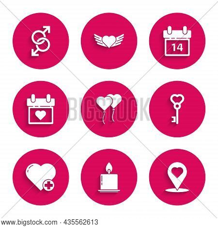 Set Balloons In Form Of Heart, Burning Candle, Map Pointer With, Key Shape, Heart, Calendar, Februar
