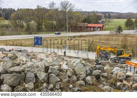 Close Up View Of Construction Imploding Works On Rocky Terrain. Sweden. Enkoping. 05.19.2021.