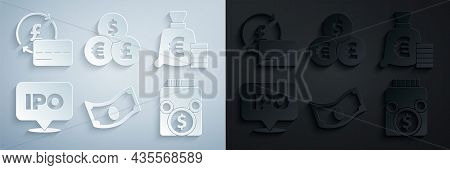 Set Stacks Paper Money Cash, Coin With Euro Symbol, Ipo, Glass Jar Coin, Currency Exchange And Credi