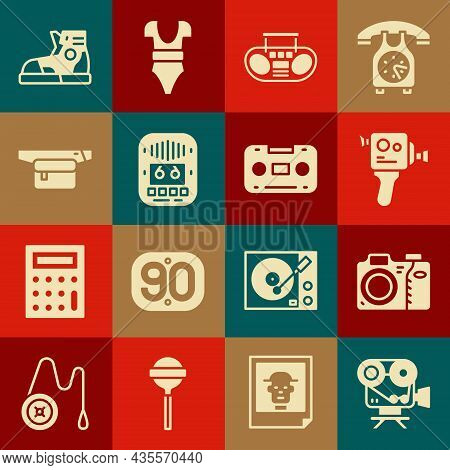 Set Retro Cinema Camera, Photo, Home Stereo With Two Speakers, Cassette Tape Player, Waist Bag Of Ba
