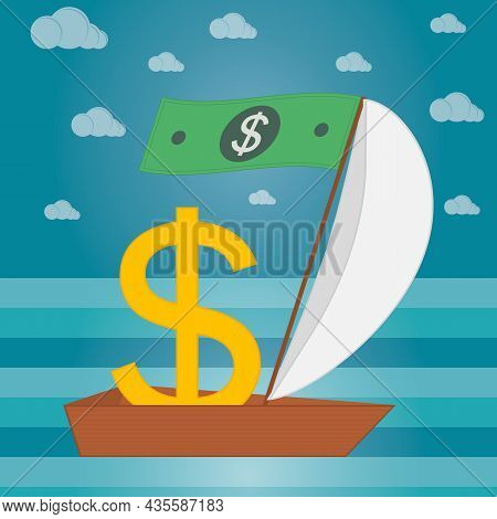 Gold Dollar Sign In A Boat With Sails. A Paper Dollar On A Mast Instead Of A Flag. Money, Financial,