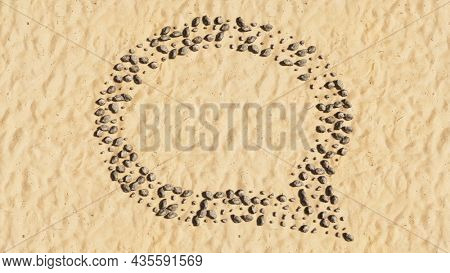 Concept conceptual stones on beach sand handmade symbol shape, golden sandy background, emplty cloud sign. 3d illustration metaphor for communication, online talking, chatting, internet discussion