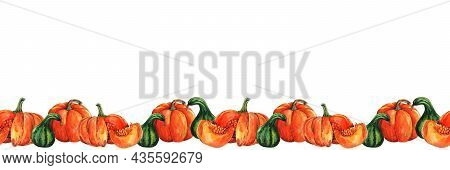 Watercolor Seamless Border With Pumpkins For Thanksgiving Day. Banner Or Halloween Design. Autumn Ha