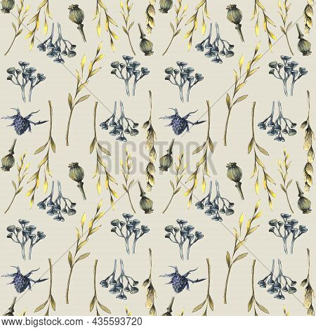 Seamless Pattern Of Watercolor Dried Flowers. Hand Drawn Painted Flower Illustration. Autumn Design,