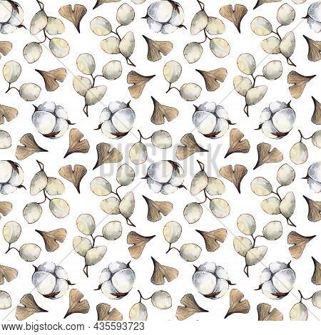 Seamless Pattern Of Watercolor Dried Flowers. Hand Drawn Painted Flower Illustration. Autumn Design,