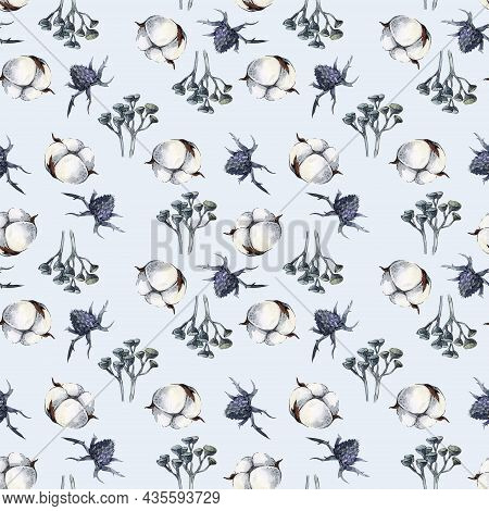 Seamless Pattern Of Watercolor Dried Flowers. Hand Drawn Painted Flower Illustration. Autumn Design,
