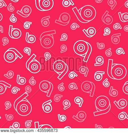 White Line Scotch Tape Icon Isolated Seamless Pattern On Red Background. Roll Adhesive Tape. Insulat