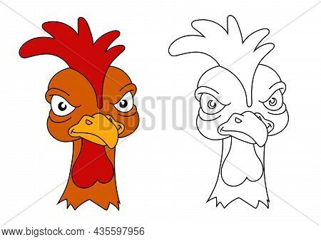 Angry Rooster. Coloring Book For Kids. Displeased Poultry. Team Mascot. Cartoon Style. Colored Vecto