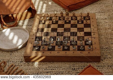 Ancient Metal Roman Chess Set With Silver And Gold Plated Pieces On Solid Oak Wood Board. Concept Im