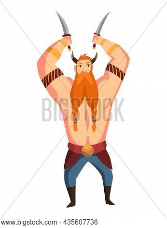 Viking Man With Horned Helmet And Two Swords. Bearded Men Warrior Or Hero Of Scandinavian Legends. C