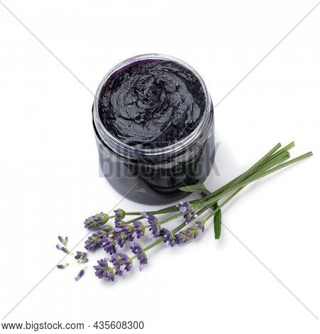 Bowl with savon beldi with a fresh twig of lavender isolated  on white background 