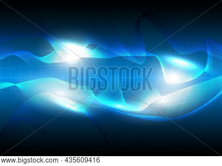 Abstract Futuristic Landscape With Particles Dots And Mesh Background. Computer Technology Data Digi