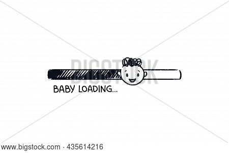 Baby Loading. Hand Drawn Progress Bar With Download Status Cute Kid Face. Black On White Shaded Stri