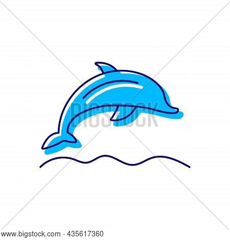 Dolphin Jumping Over Water Outline Icon. Maldives Animal. Coral Island. Tropical Resort. Color Fille