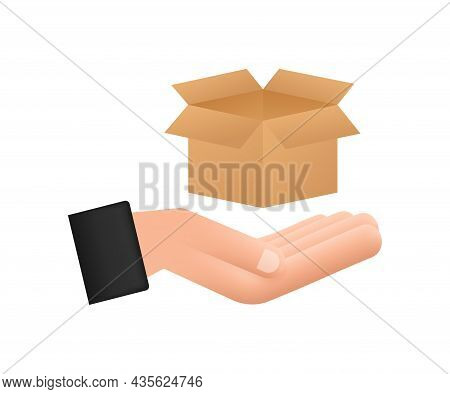 Carton Parcel Open Box In Hands. Shipping Delivery Symbol. Gift Box Icon. Vector Stock Illustration.