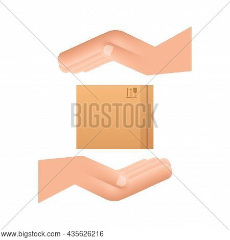 Carton Parcel Box In Hands. Shipping Delivery Symbol. Gift Box Icon. Vector Stock Illustration.
