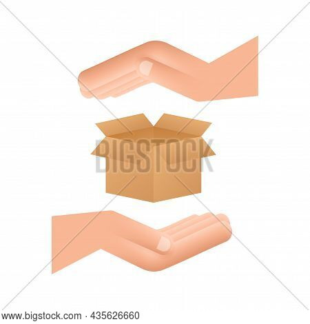 Carton Parcel Open Box In Hands. Shipping Delivery Symbol. Gift Box Icon. Vector Stock Illustration.