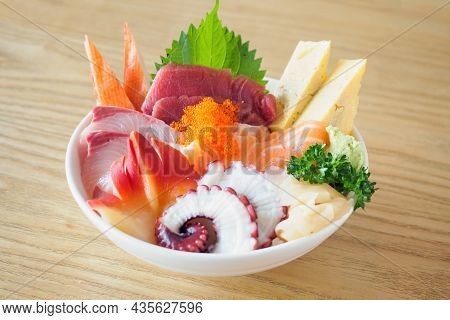 Sashimi Rice Bowl Chirashi Don Japanese Food On Wood Table In Restaurant