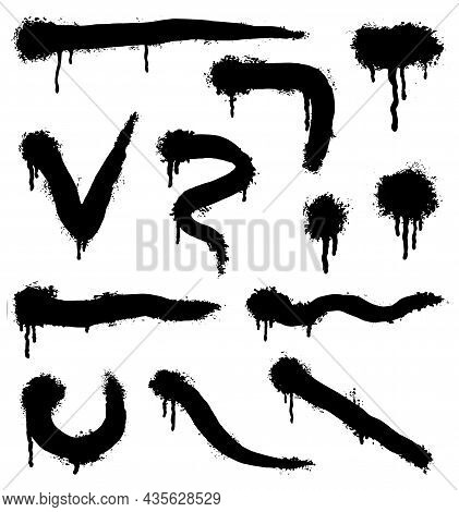 Vector Spray Paint Shapes In Black. Graffiti Stencil Template Or Paint Streaks. Abstract Lines And D