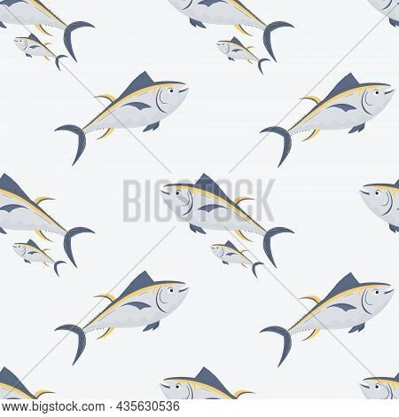 Cute Tuna Seamless Pattern, Background Textile Or Wrapping Paper Or Packaging For Seafood Products.