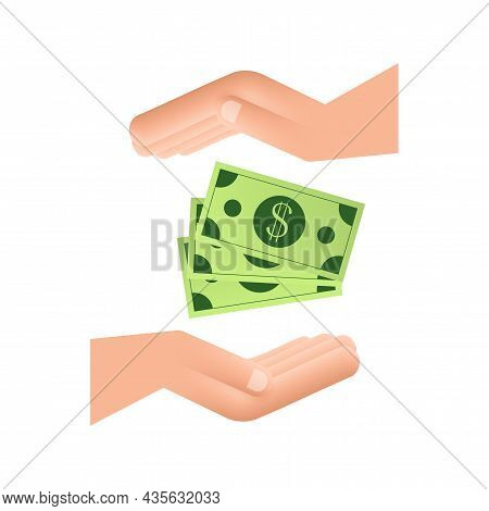 Flat Money Hand For Concept Design. Hand Holding Green Money Banknotes. Flat Design.