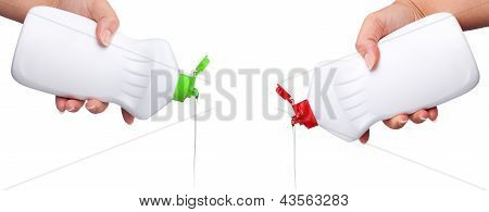 Hand with a detergent plastic bottle isolated on white background