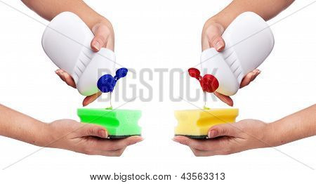 Hand with a detergent plastic bottle isolated on white background
