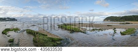 Panoramic View Of La Griega Beach At Low Tide, Some Seagulls On The Sand, With A Cloudy Sky In Lastr