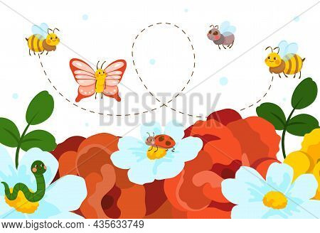 Cute Insects On Flowers. Butterflies Fly Among Plants, Pollination. Childrens Pictures, Images For D