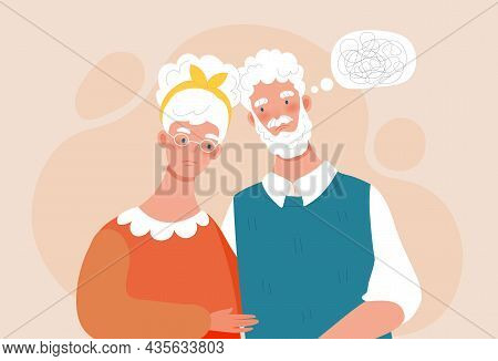 Elderly Husband With Dementia. Man Does Not Remember Moments Of His Life. Elderly Couple With Amnesi