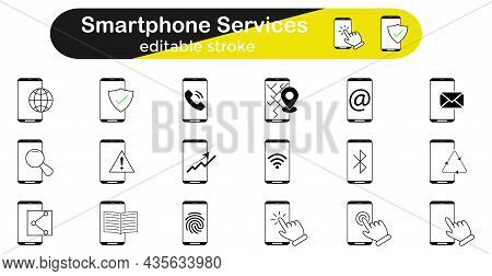 Vector Smartphone Services Icon Set. Linear Mobile Phone Icons - Set Of Phone Icons, Communication I