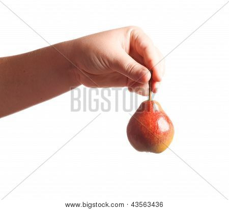 Pear Hanging From Hand Isolated On White Background