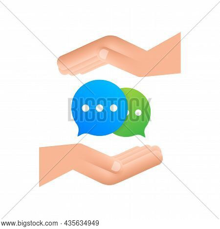 Chat Message Bubbles Icon Hanging Over Hands On White Background. Vector Stock Illustration.