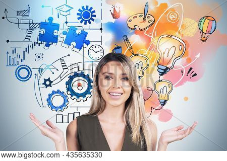 Surprised Attractive Young Woman In Hacky Dress With Hands Up Smiling And Pondering About Start Up A