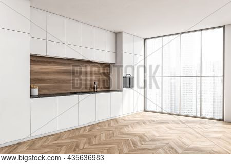Corner Of Simple Kitchen Cabinet Interior With Wood Look Splashback In Niche, Panoramic Window And P