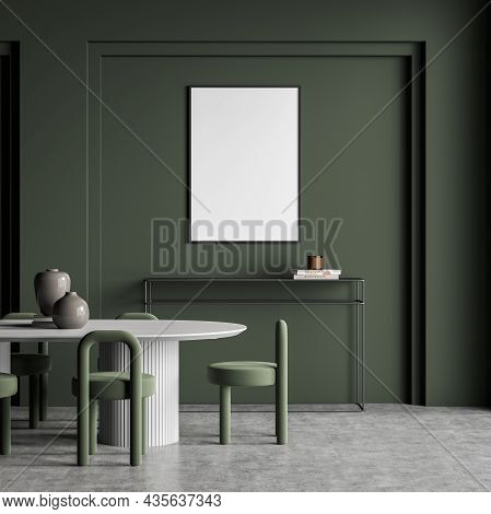 Empty White Canvas On Green Wall Of Living Room Interior With White Table, Chairs, Frame Sideboard U