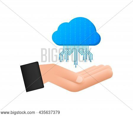 Ftp File Transfer Icon On Hands. Ftp Technology Icon. Transfer Data To Server. Vector Illustration.