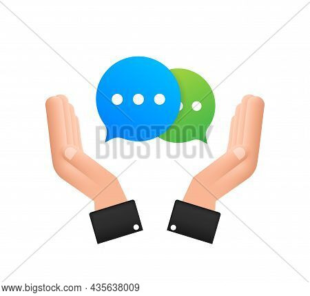 Chat Message Bubbles Icon Hanging Over Hands On White Background. Vector Stock Illustration.
