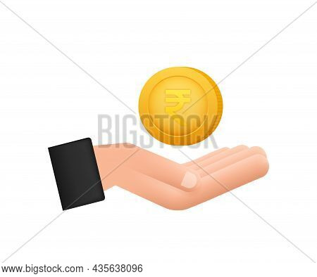 Rupee Coin On Hand, Great Design For Any Purposes. Flat Style Vector Illustration. Currency Icon.