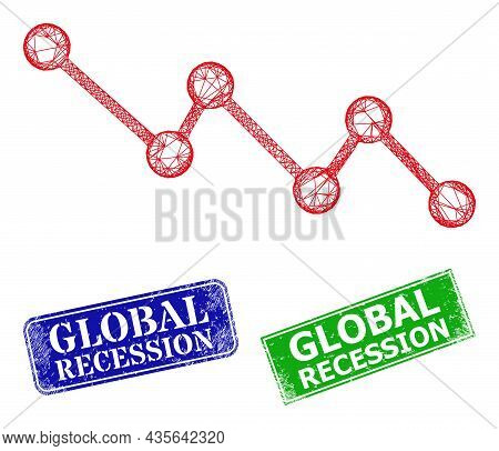 Polygonal Down Trend Model, And Global Recession Blue And Green Rectangular Unclean Stamp Seals. Mes