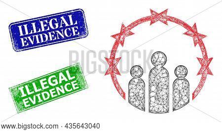 Mesh Totalitarism Model, And Illegal Evidence Blue And Green Rectangle Grunge Stamp Seals. Polygonal